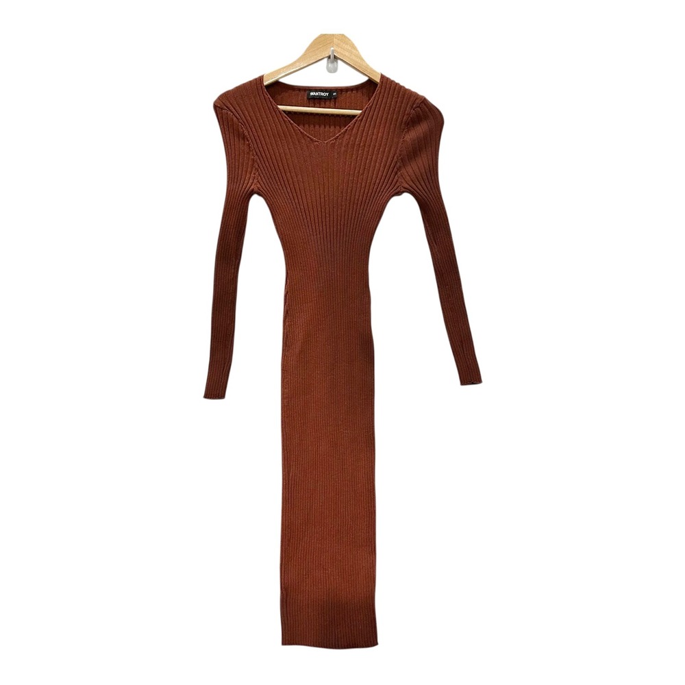 WANTROY Womens S Ribbed Knit V-Neck Maxi Dress Long Sleeve Rust Brown Bodycon